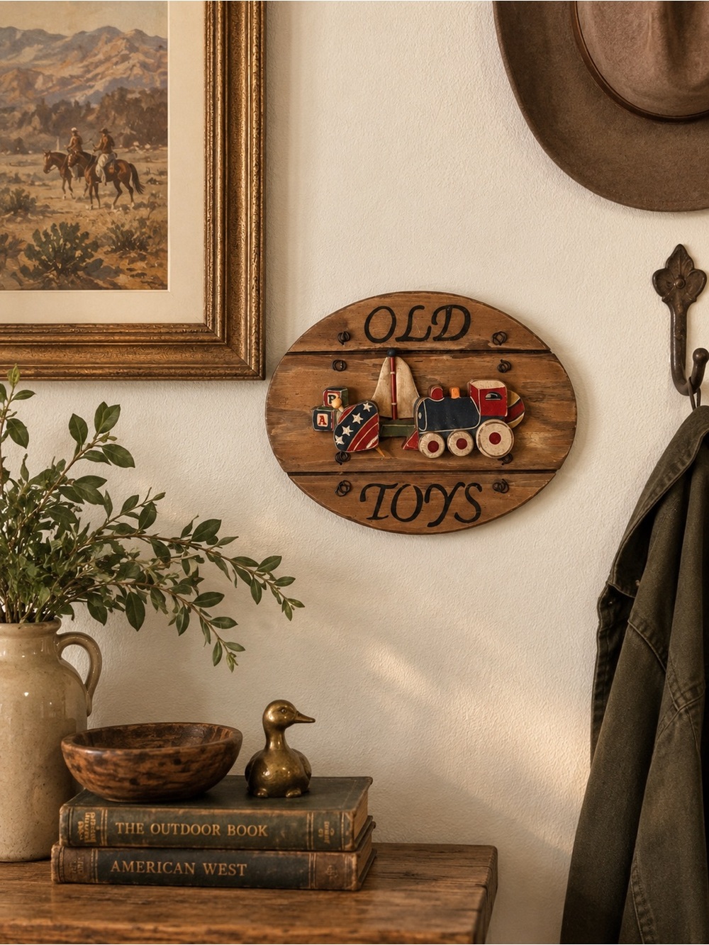 Vintage Multicolor Wooden 'Old Toys' Wall Plaque
